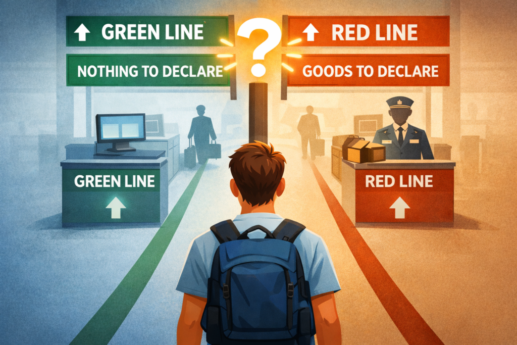 Customs area at Incheon International Airport with green and red lanes for 'Nothing to Declare' and 'Goods to Declare'