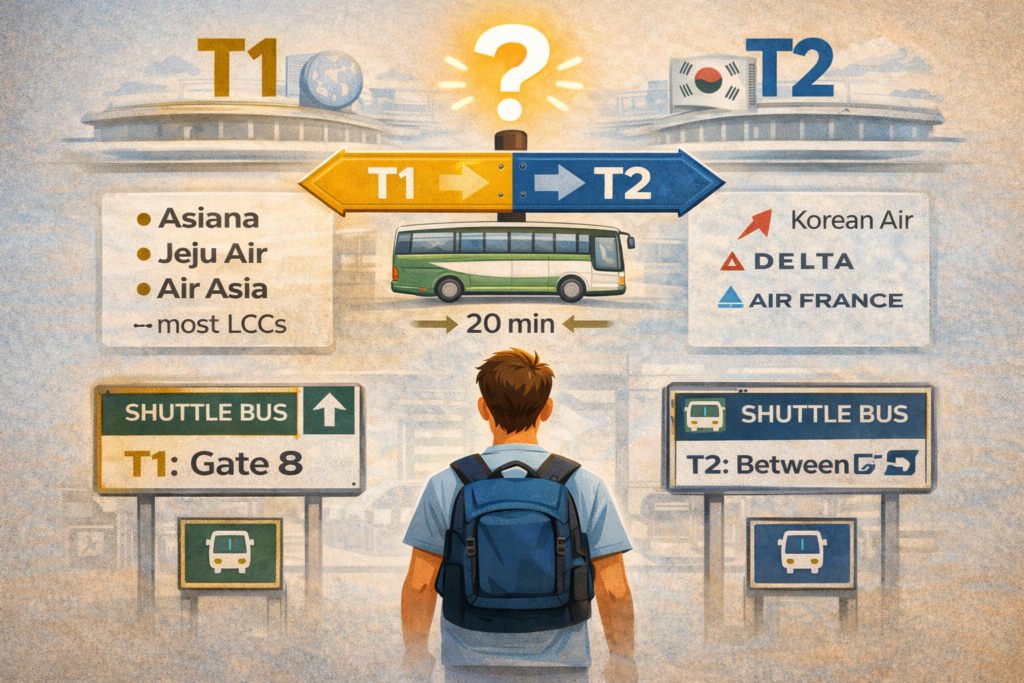 Free shuttle bus connecting Terminal 1 and Terminal 2 at Incheon International Airport with clear signage