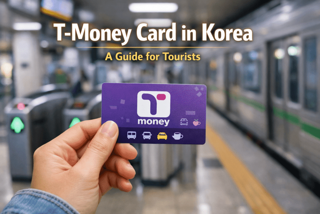 T-money card being held inside a Korean subway station for public transportation payment in Korea