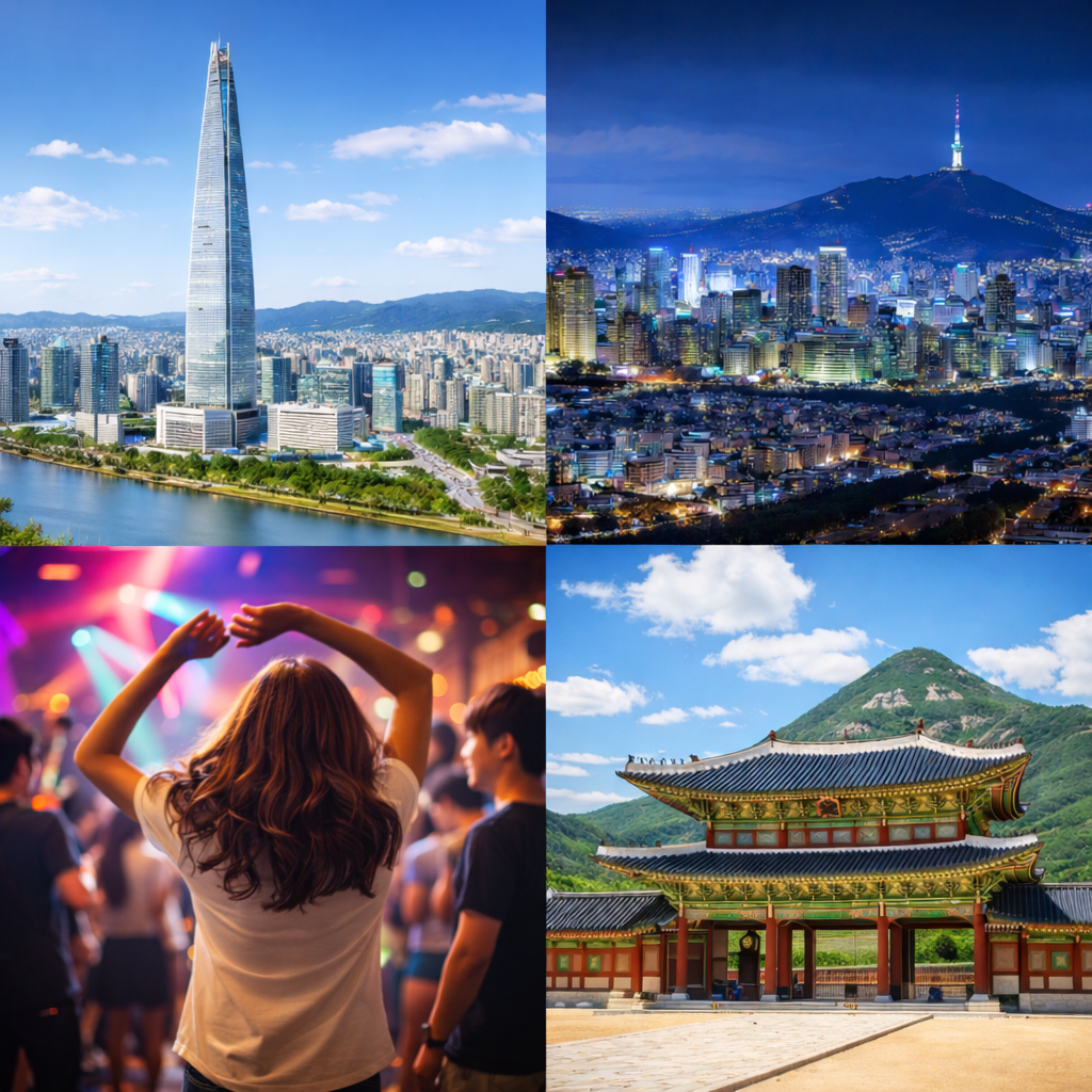 2x2 collage of Seoul: top-left shows Lotte World Tower in bright daytime, top-right is Seoul skyline at night with N Seoul Tower, bottom-left shows a woman dancing in a Korean nightclub with other people blurred in the background, bottom-right shows Gyeongbokgung Palace under clear sunny sky.