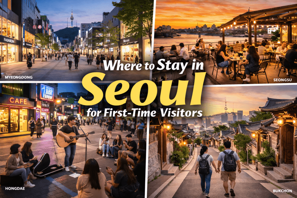 First-time visitor choosing where to stay in Seoul showing Myeongdong shopping street, Hongdae street busking, Han River cafe view, and Bukchon Hanok Village traditional houses