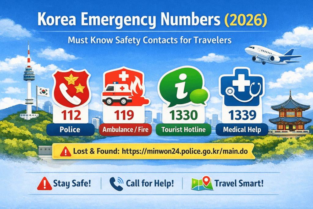 Korea emergency numbers infographic 2026 showing police 112, ambulance fire 119, tourist hotline 1330, medical help 1339 and Korea lost and found police website link