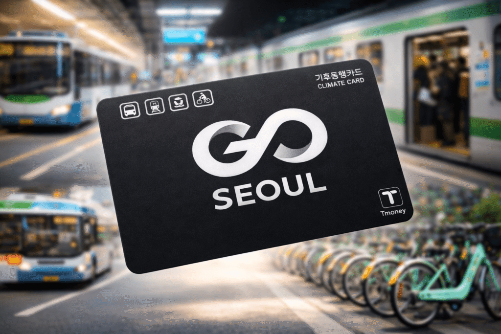Black unlimited public transportation card with subway, bus, and public bike icons, with a blurred Seoul public transit background