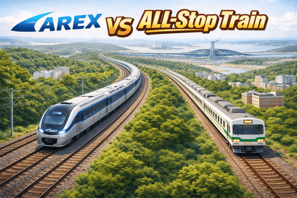 Aerial view of airport railway line showing AREX express train and modern all-stop commuter train running on parallel tracks toward the airport.