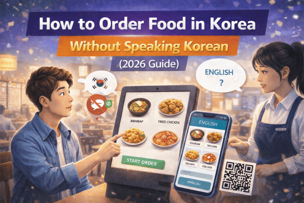 Tourist ordering food at a Korean restaurant kiosk in Seoul