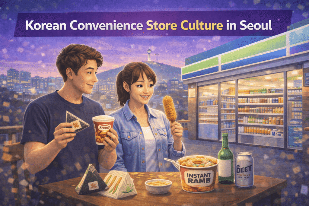 People eating instant ramen inside a Seoul convenience store