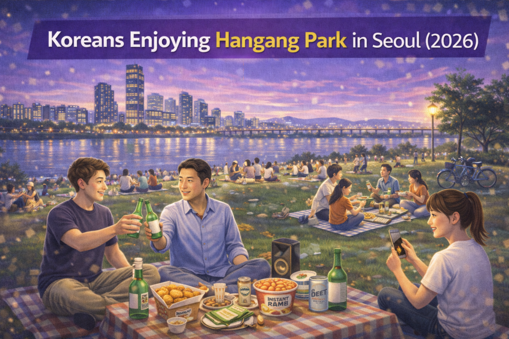 Groups of people sitting on picnic mats at Hangang Park in Seoul at sunset, eating convenience store food and drinking soju by the Han River with the city skyline in the background.