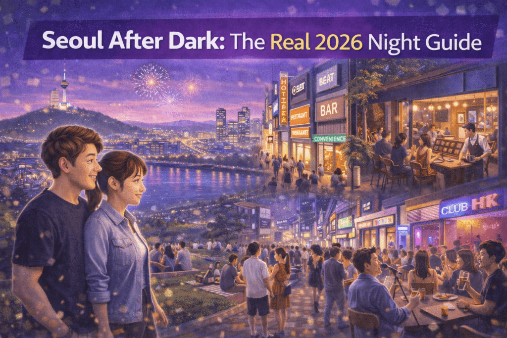 Seoul skyline at night along the Han River