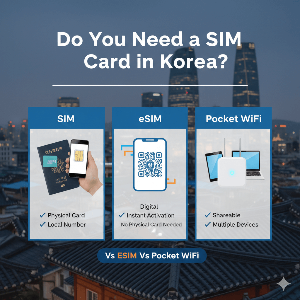 Comparison guide of SIM card, eSIM, and Pocket WiFi for travelers in Korea with Seoul city background