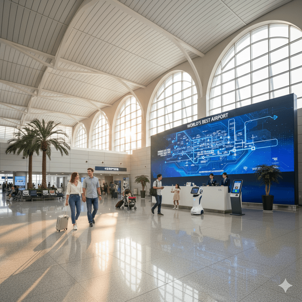 A family seeking assistance at the Incheon Airport help desk with smart navigation robots and multilingual staff in 2026.