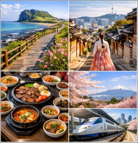 Collage showing Seoul city skyline traditional hanbok culture Korean food and airport train transportation in South Korea