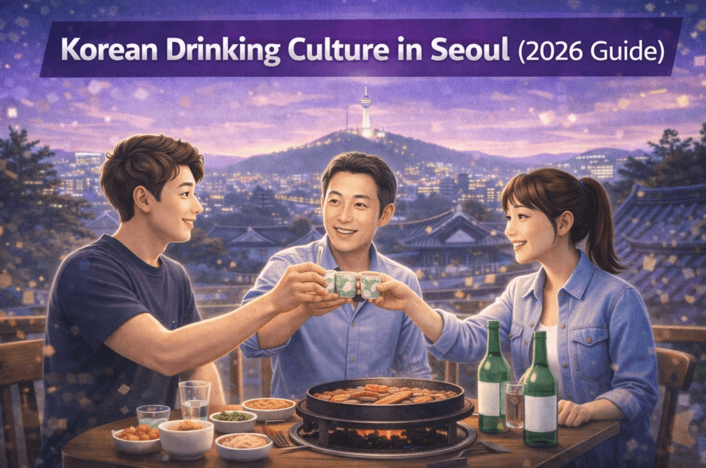 Friends drinking soju at a Korean BBQ restaurant in Seoul