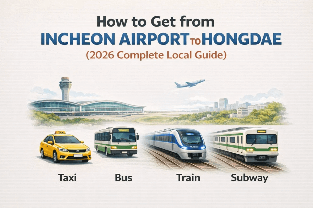 A simple flat-style infographic titled “How to Get from Incheon Airport to Hongdae (2026 Complete Local Guide)” showing four transportation options: taxi, bus, train, and subway, each represented with clear icons on a light background.