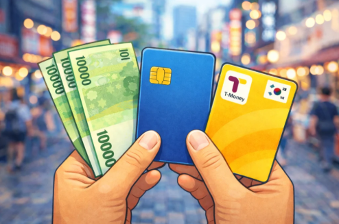 Cartoon-style illustration of a hand holding cash, a credit card, and a T-Money card, representing payment methods in Korea for tourists.