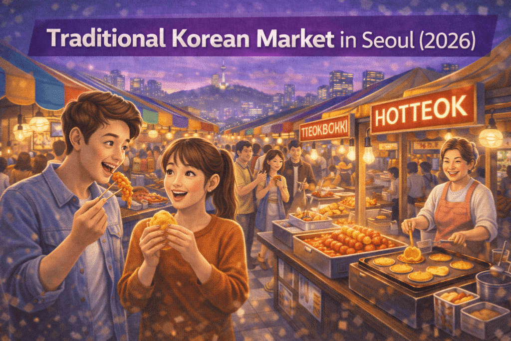 A vibrant night scene at a traditional market in Seoul, where a couple enjoys tteokbokki and hotteok in the foreground while busy food stalls glow under warm lights and the city skyline shines in the background.