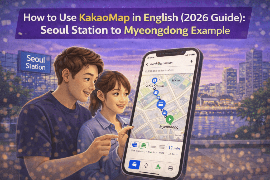 use KakaoMap in English on a smartphone, showing directions from Seoul Station to Myeongdong at night in Seoul.