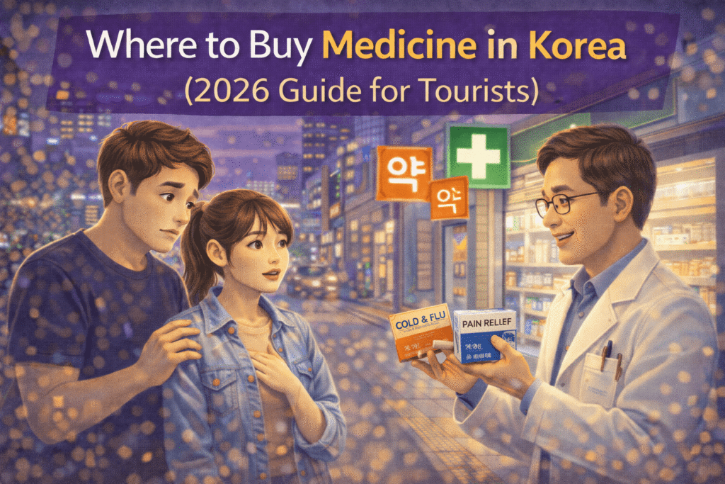 Pharmacy in Seoul with green cross sign helping tourists buy medicine in Korea