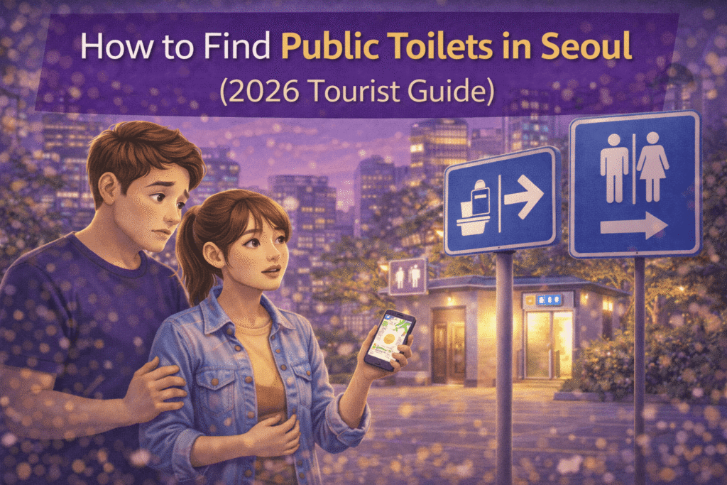 Tourists looking for public toilets in Seoul using restroom signs