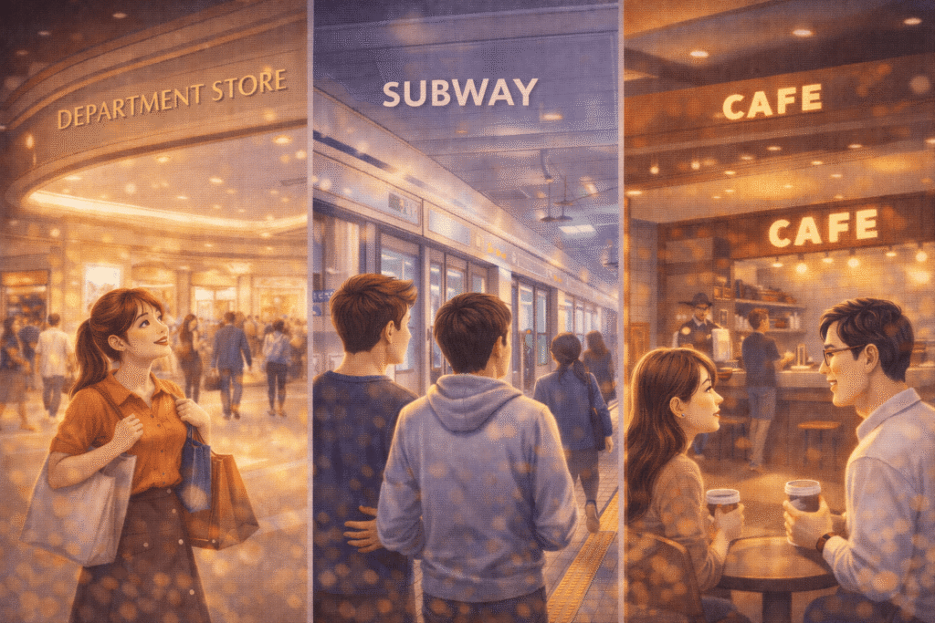 Illustration showing a department store, subway, and cafe where free restrooms are easy to find