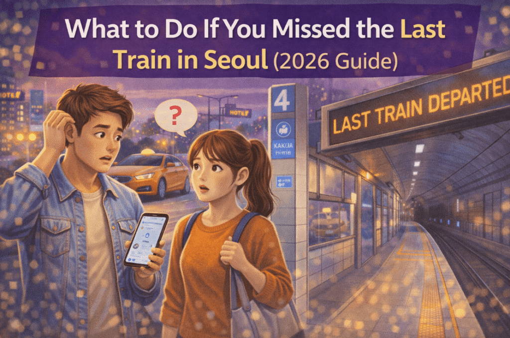 Two travelers standing on an empty subway platform in Seoul at night with a sign reading “Last Train Departed,” while one checks a smartphone for directions.