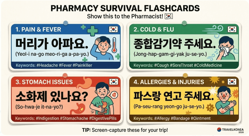 Korean pharmacy phrases for tourists with symptoms in English and Hangeul