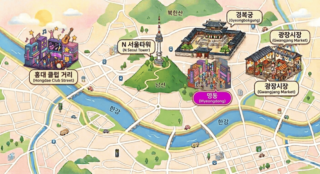 Illustrated map of Seoul showing major tourist landmarks: Gyeongbokgung Palace, Bukhansan Mountain, N Seoul Tower, Myeongdong, Gwangjang Market, and Hongdae Club Street, all located north of the Han River.